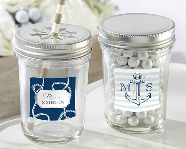 Personalized 8 oz. Glass Mason Jar - Nautical Wedding (Set of 12)