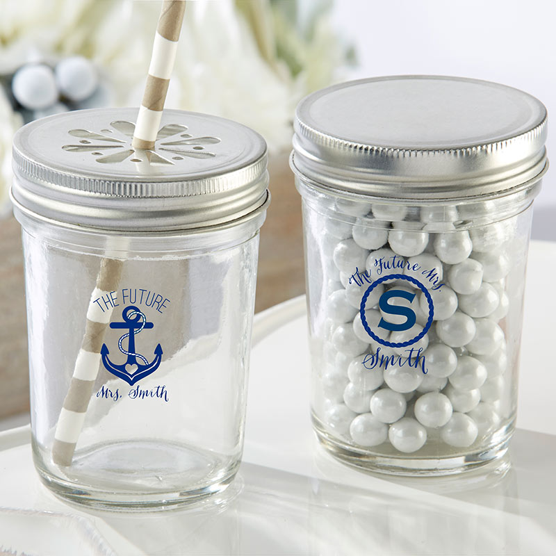 Personalized Printed 8 oz. Glass Mason Jar - Nautical Bridal Shower (Set of 12)
