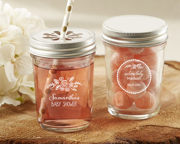 Personalized Printed 8 oz. Glass Mason Jar - Rustic Baby Shower (Set of 12)
