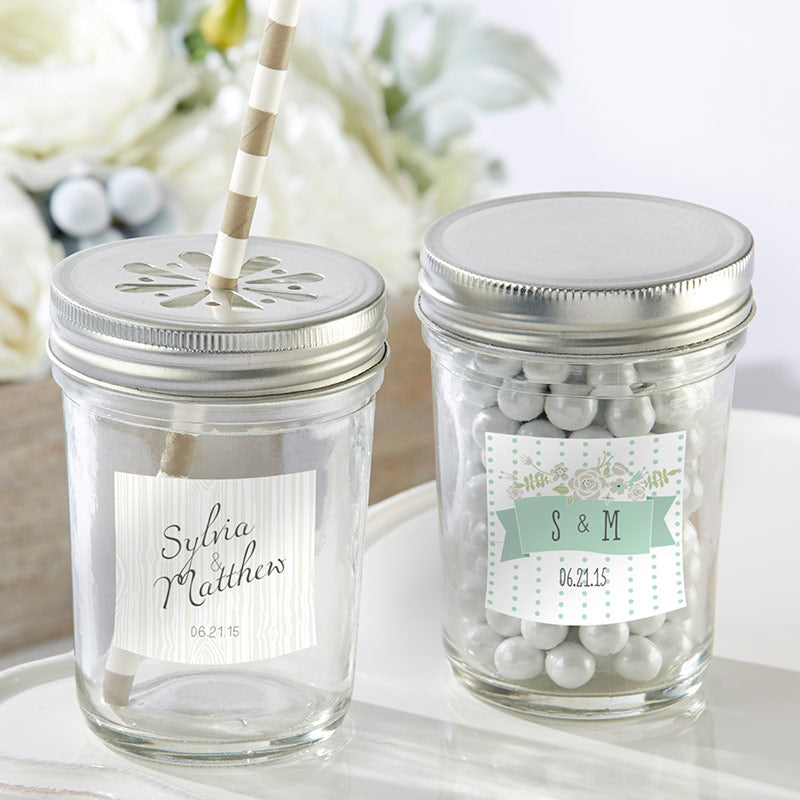 Personalized 8 oz. Glass Mason Jar - Rustic Wedding (Set of 12)