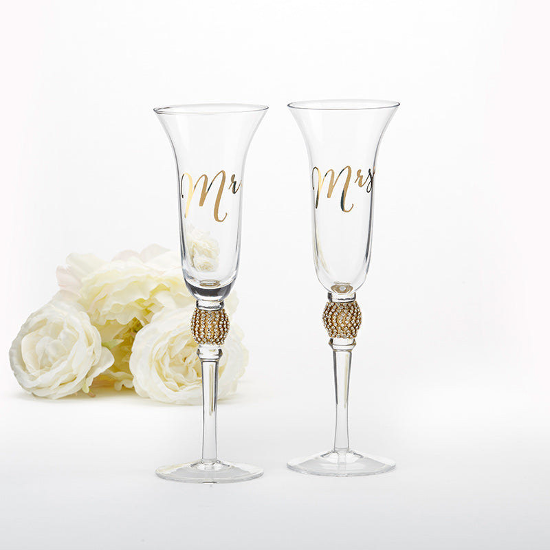 Gold Glitter & Rhinestone Mr. & Mrs. Toasting Flutes