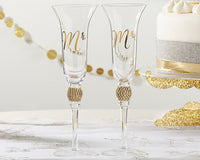 Thumbnail for Gold Glitter & Rhinestone Mr. & Mrs. Toasting Flutes