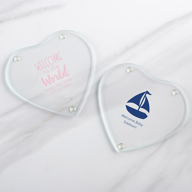 Personalized Glass Heart Shaped Coaster - Baby Shower (Set of 12)