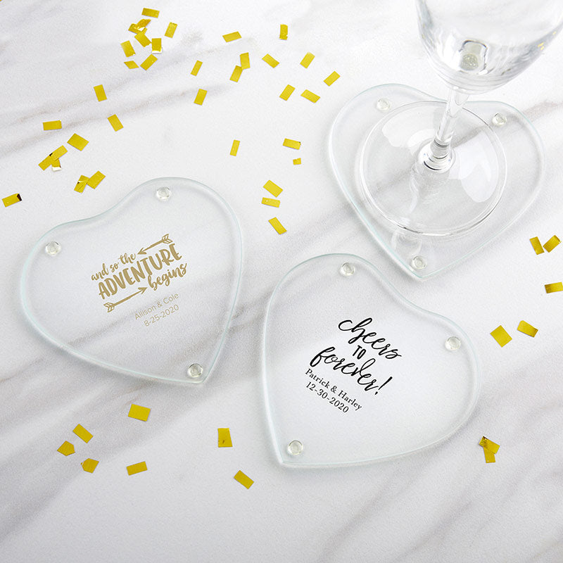 Personalized Glass Heart Shaped Coaster - Wedding (Set of 12)