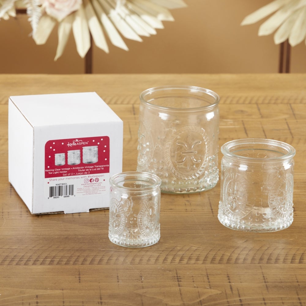 Nesting Vintage Clear Glass Tea Light Holder (Set of 3) Alternate Image 5, Kate Aspen | Tealight/Votive Holder