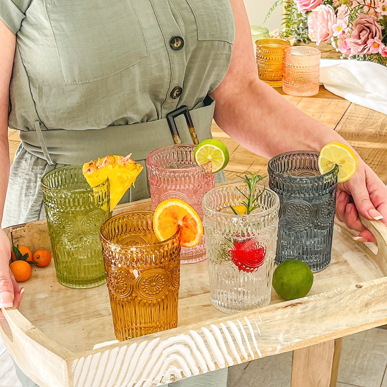 Clear Short Tumbler Glass with Colored Base for Iced Tea Cups