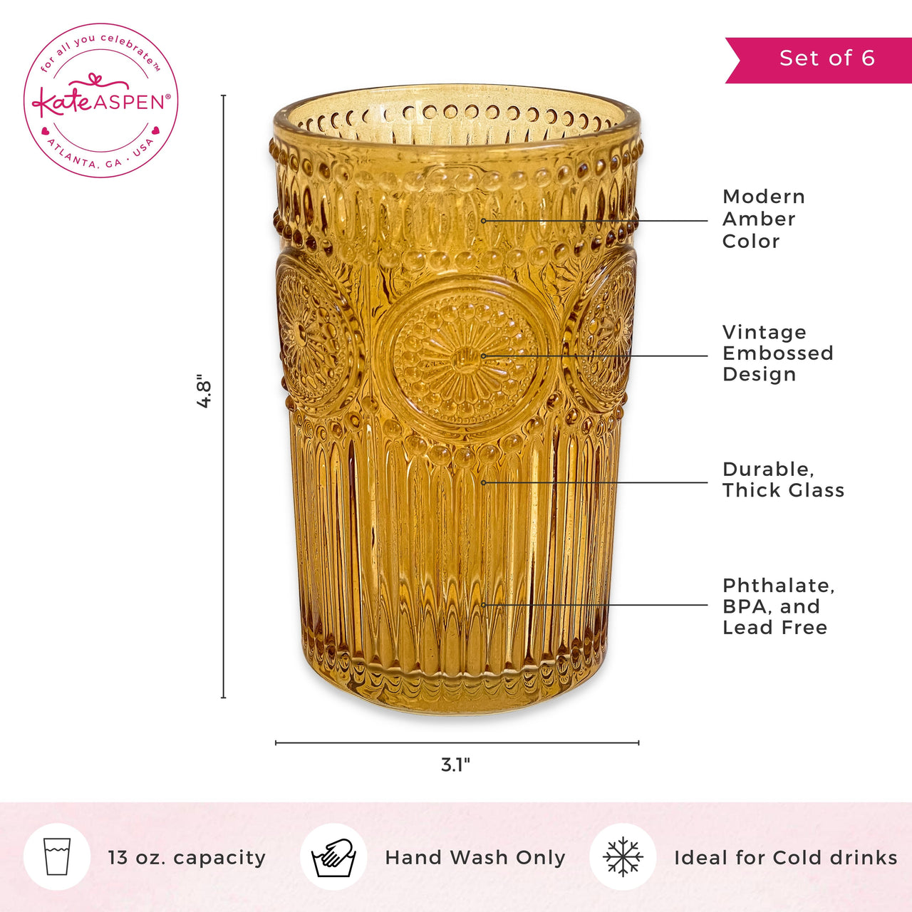 13 oz. Vintage Textured Amber Drinking Glasses (Set of 6) Alternate Image 6 Kate Aspen | Drinking Glasses
