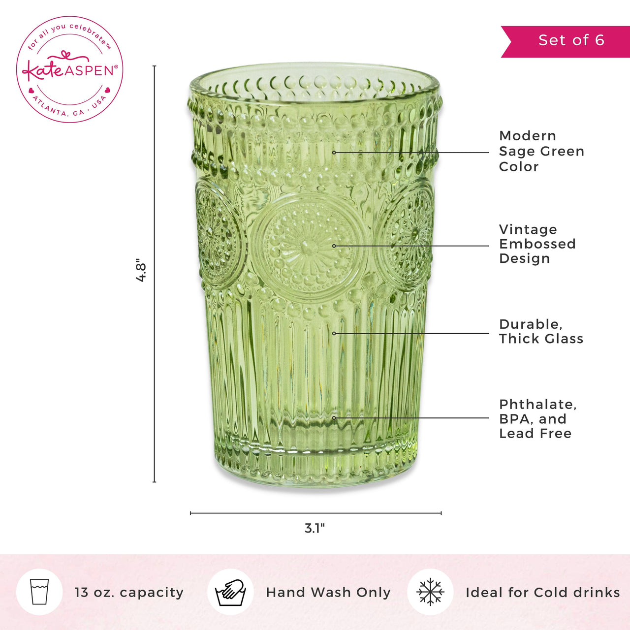 13 oz. Vintage Textured Sage Green Glass (Set of 6) Alternate Image 7, Kate Aspen | Drinking Glasses