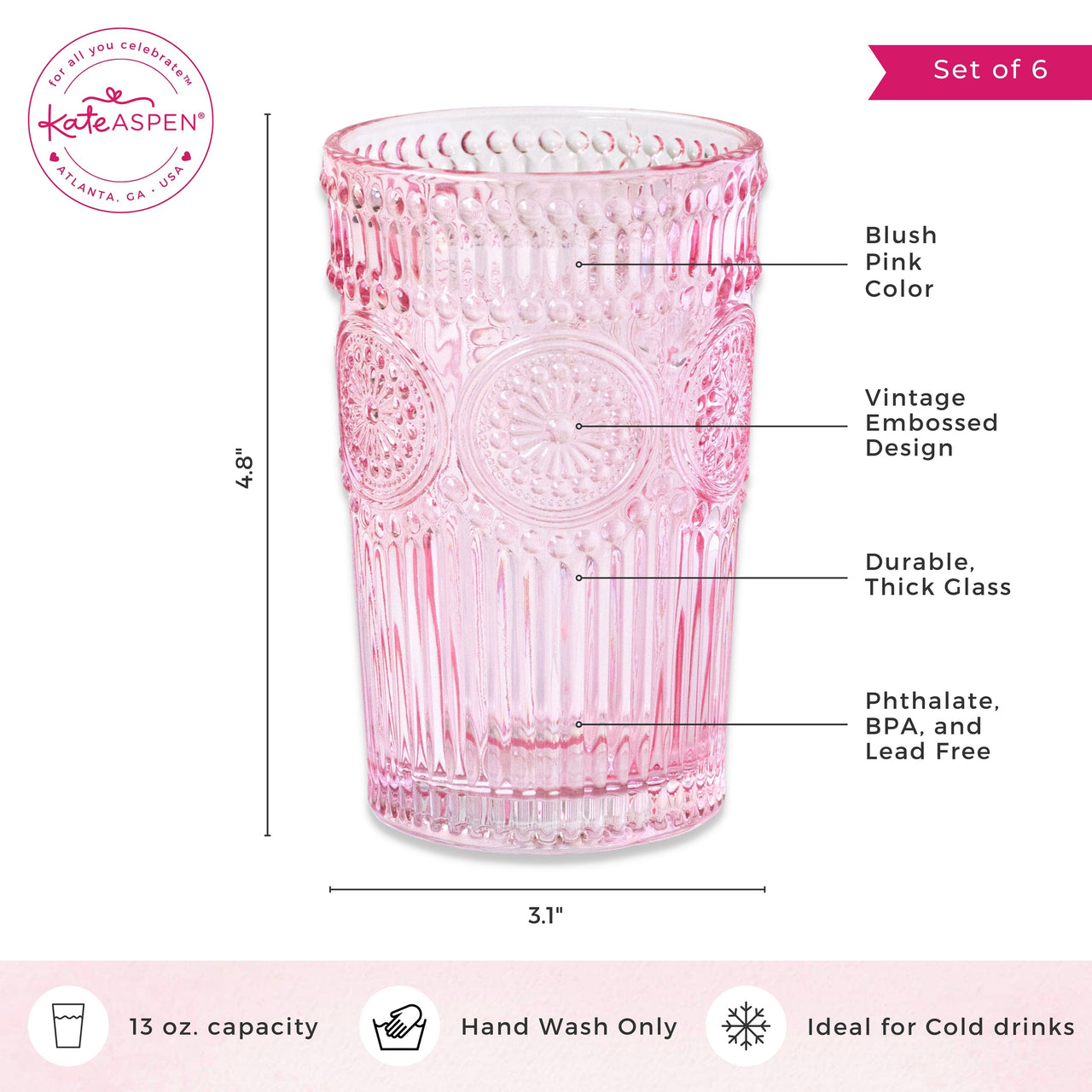 13 oz. Vintage Textured Pink Glass (Set of 6) Alternate Image 6, Kate Aspen | Drinking Glasses