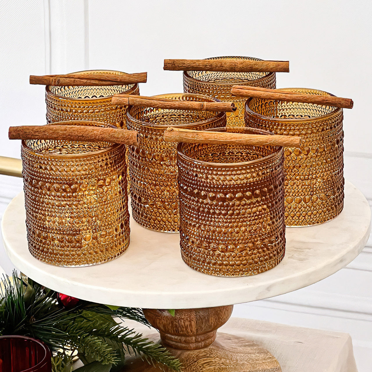 VTG Boho Ratan Wicker Holders W/ Green Drinking Glasses- Set Of 4