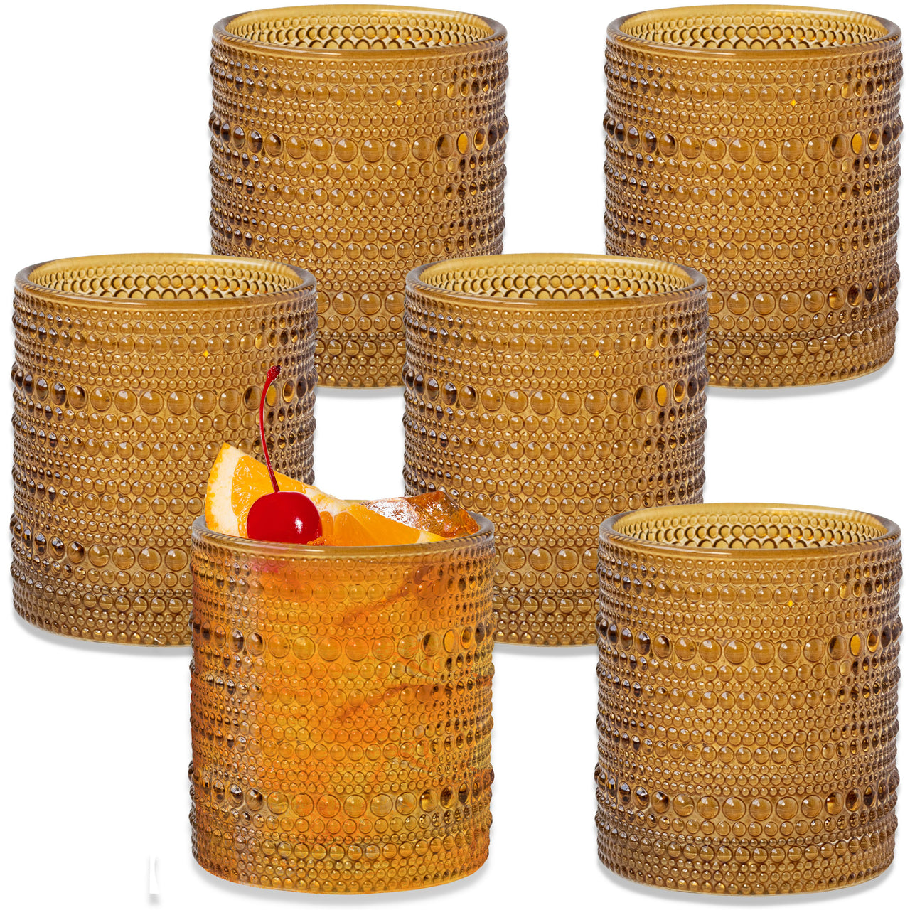 American Atelier Vintage Old Fashion 10 oz. Whiskey Glasses, Romantic Water  Tumblers, Barware Glasses for Cocktails, Embossed Beaded, Set of 4, Amber