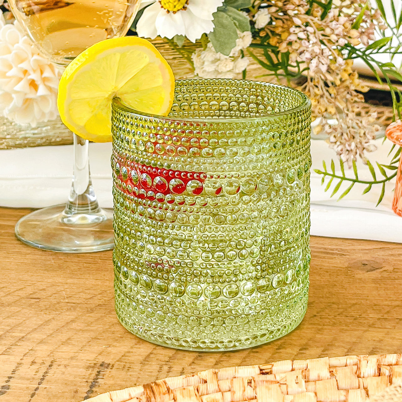 10 oz. Textured Beaded Sage Green Old Fashion Drinking Glasses (Set of