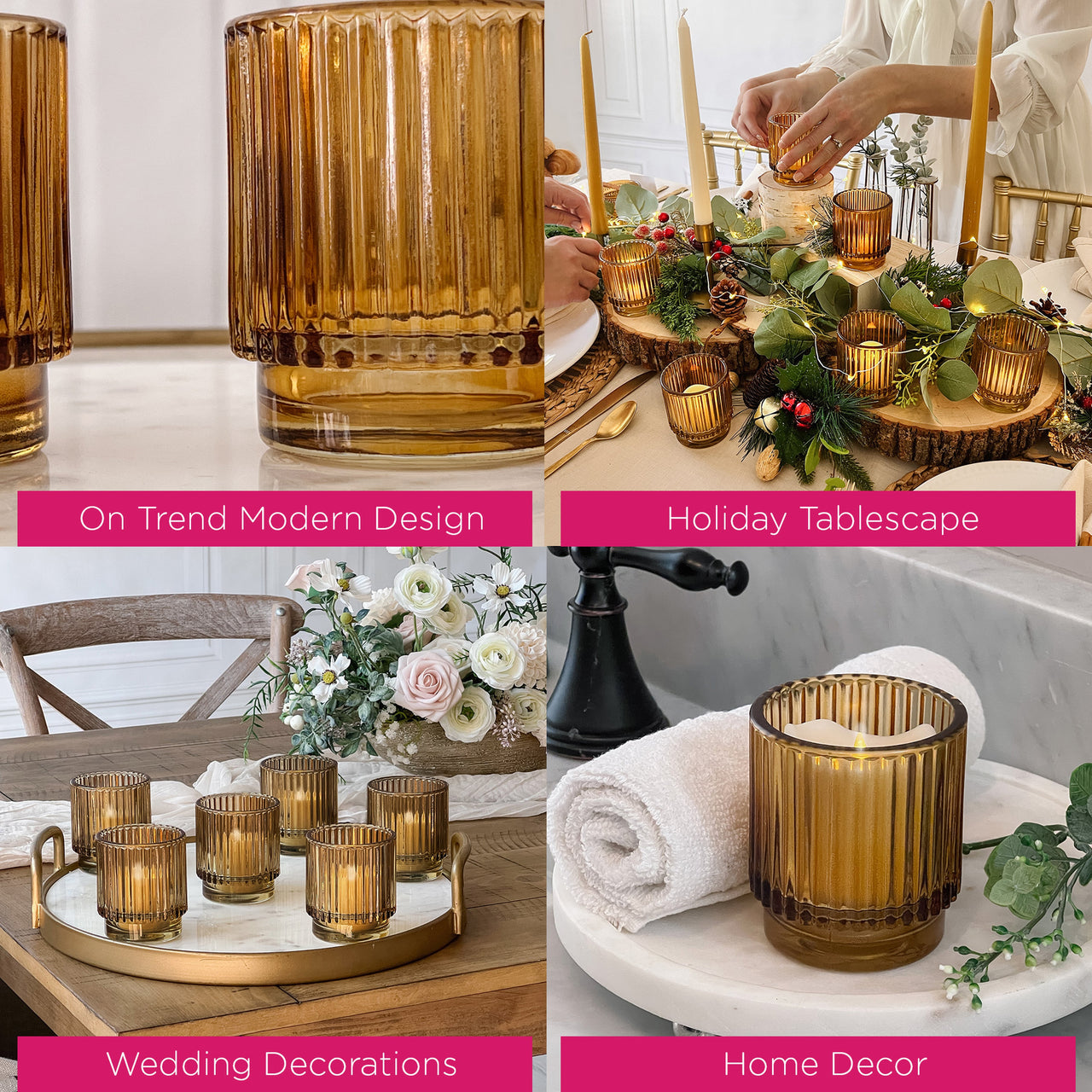 Ribbed Amber Glass Votive Candle Holder (Set of 6) Alternate Image 5, Kate Aspen | Tealight/Votive Holder