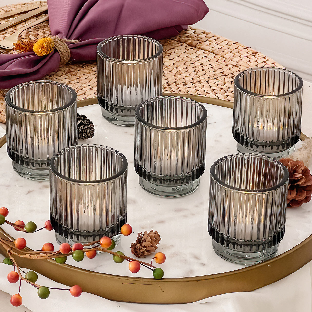 Ribbed Smoke Gray Glass Votive Candle Holder (Set of 6) Main Image, Kate Aspen | Tealight/Votive Holder