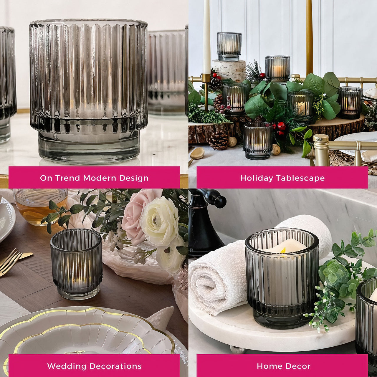 Ribbed Smoke Gray Glass Votive Candle Holder (Set of 6) Alternate Image 5, Kate Aspen | Tealight/Votive Holder