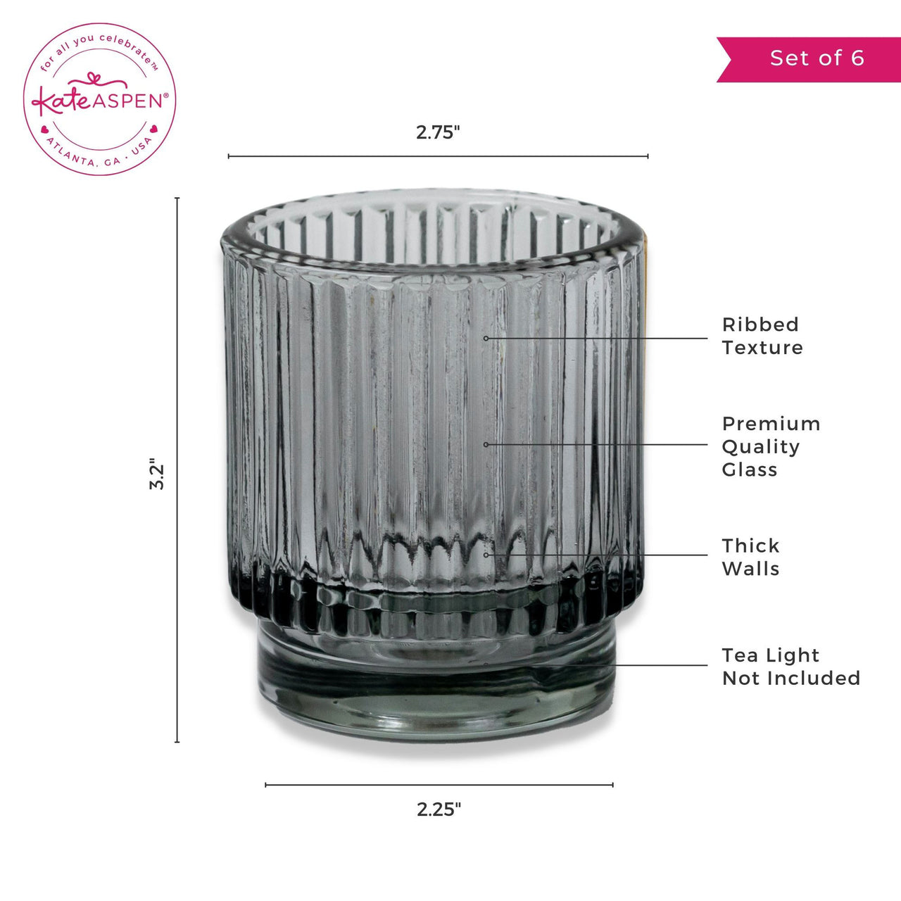 Ribbed Smoke Gray Glass Votive Candle Holder (Set of 6) Alternate Image 6, Kate Aspen | Tealight/Votive Holder