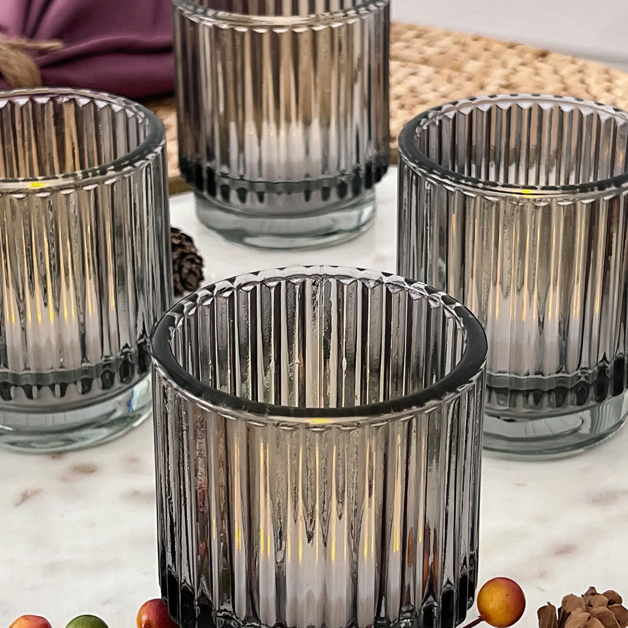 Ribbed Smoke Gray Glass Votive Candle Holder (Set of 6) Alternate Image 7, Kate Aspen | Tealight/Votive Holder