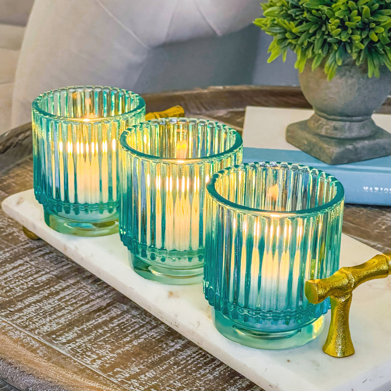 Ribbed Blue Glass Votive Candle Holder (Set of 6) Alternate Image 1 Kate Aspen | Votive Tea Light Holder