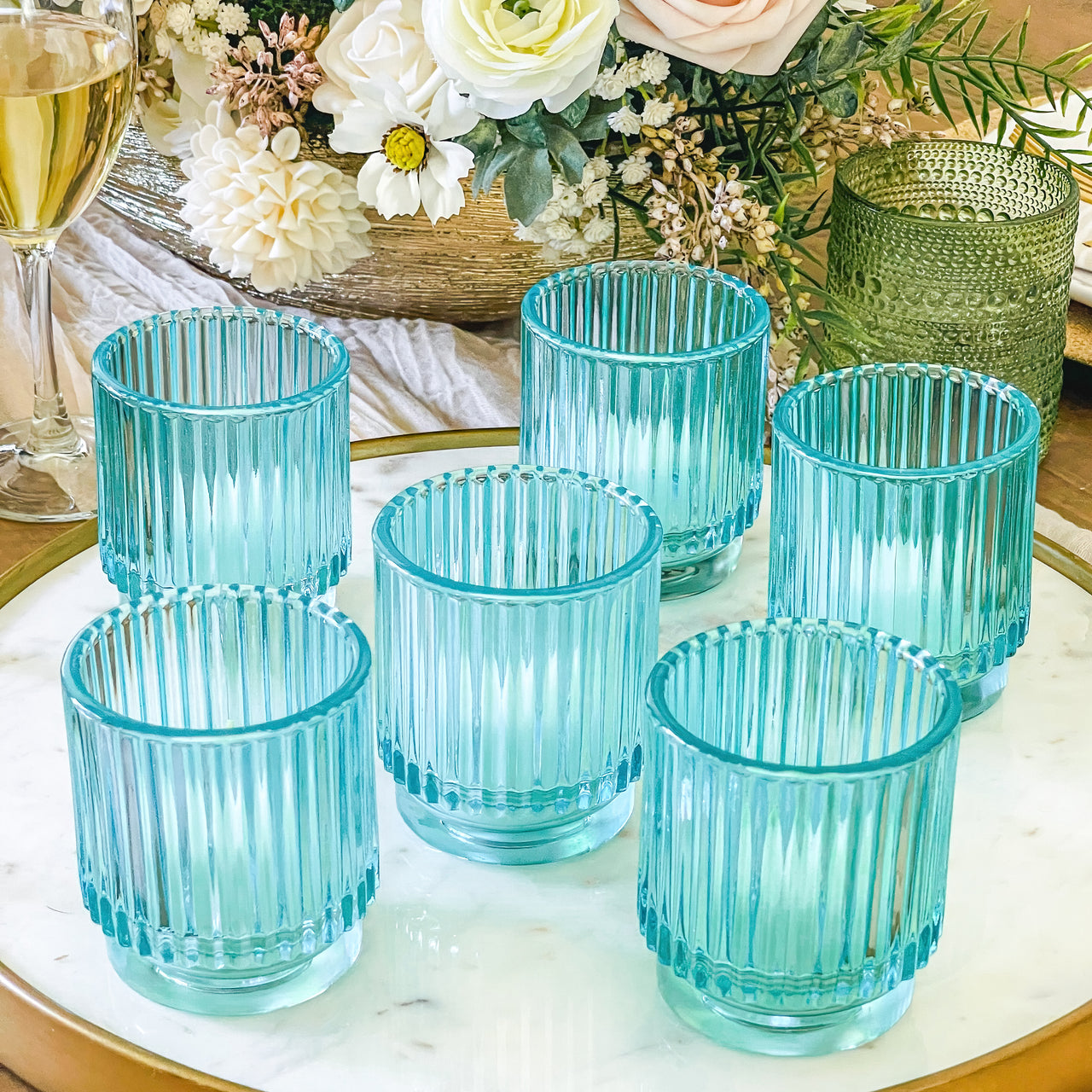 Ribbed Blue Glass Votive Candle Holder (Set of 6) Alternate Image 3 Kate Aspen | Votive Tea Light Holder