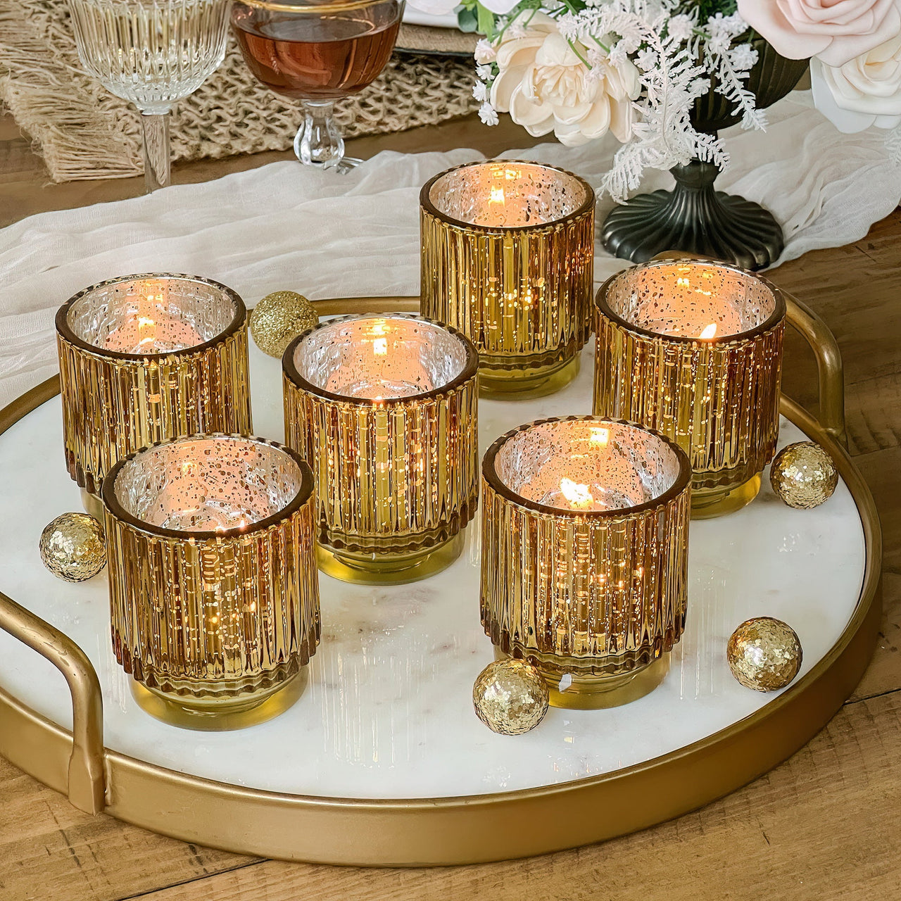 Ribbed Gold Glass Votive Candle Holder (Set of 6) Main Image, Kate Aspen | Tealight/Votive Holder