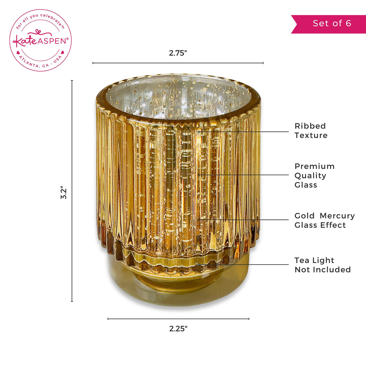 Ribbed Gold Glass Votive Candle Holder (Set of 6)Alternate Image 6, Kate Aspen | Tealight/Votive Holder