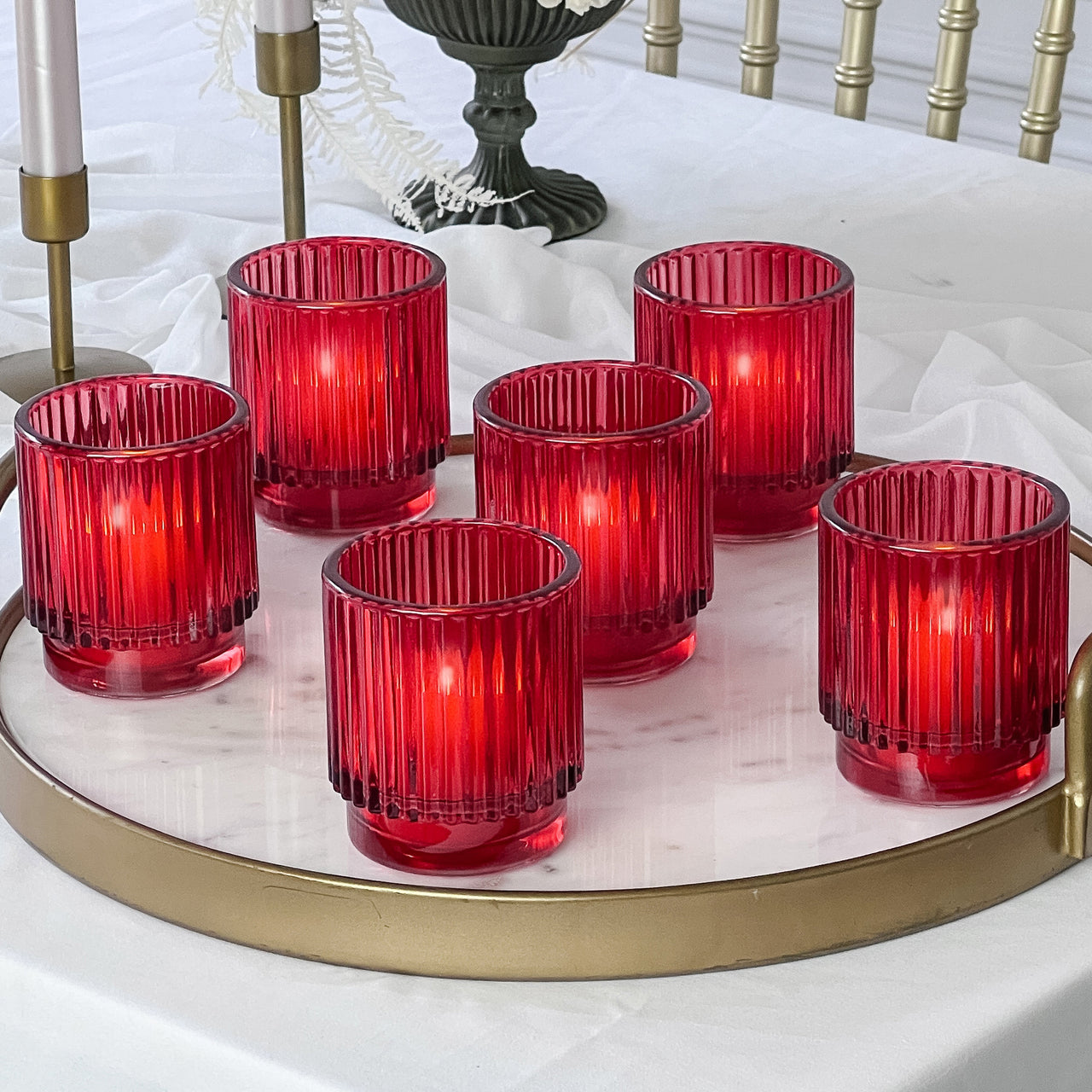 Ribbed Red Glass Votive Candle Holder (Set of 6) Main Image, Kate Aspen | Tealight/Votive Holder