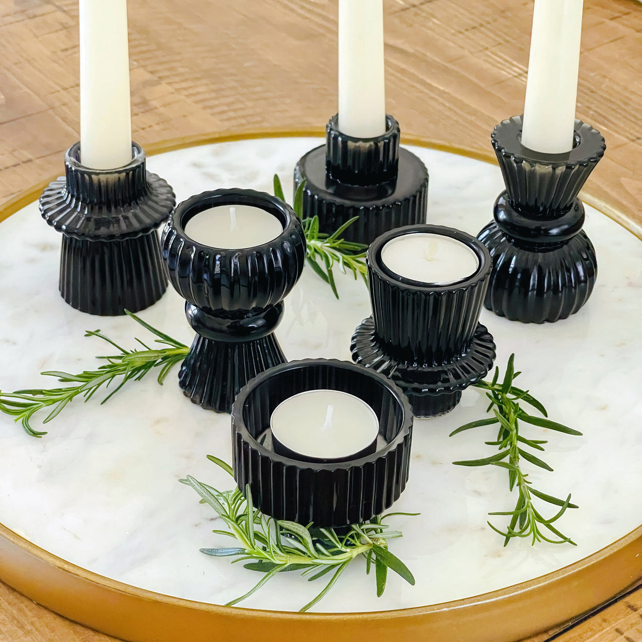 Vintage Ribbed Black Glass Candle/Candlestick Holders Set of 6 - Assorted | Main Image, Kate Aspen | Tealight/Votive Holder