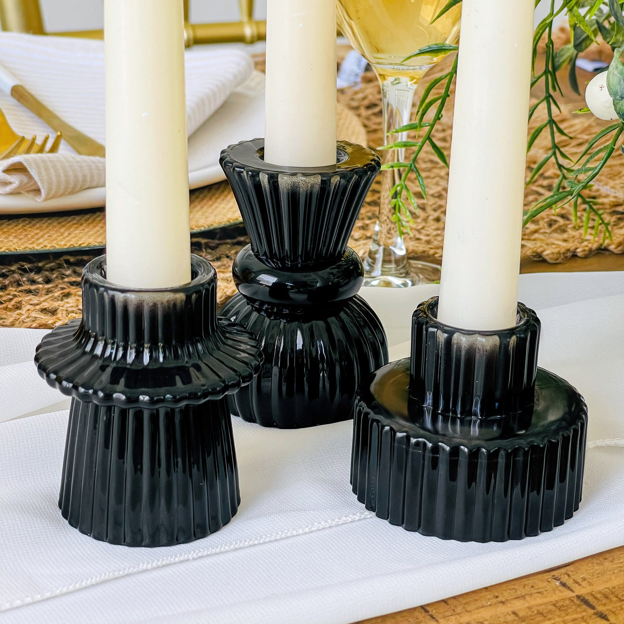 Vintage Ribbed Black Glass Candle/Candlestick Holders Set of 6 - Assor
