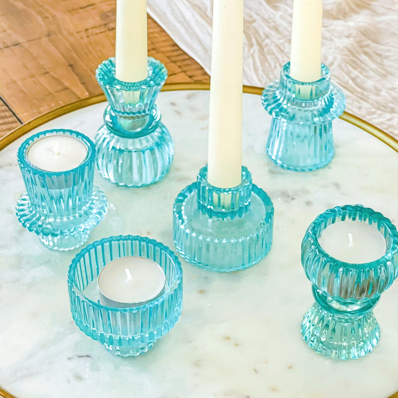 Vintage Ribbed Blue Glass Candle/Candlestick Holders Set of 6 - Assorted | Main Image, Kate Aspen | Tealight/Votive Holder