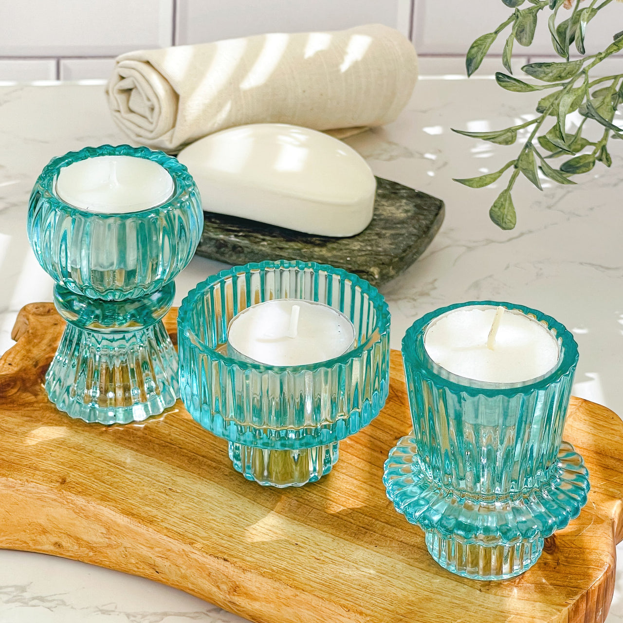 Vintage Ribbed Blue Glass Candle/Candlestick Holders Set of 6 - Assorted | Alternate Image 3 Kate Aspen | Tealight/Votive Holder