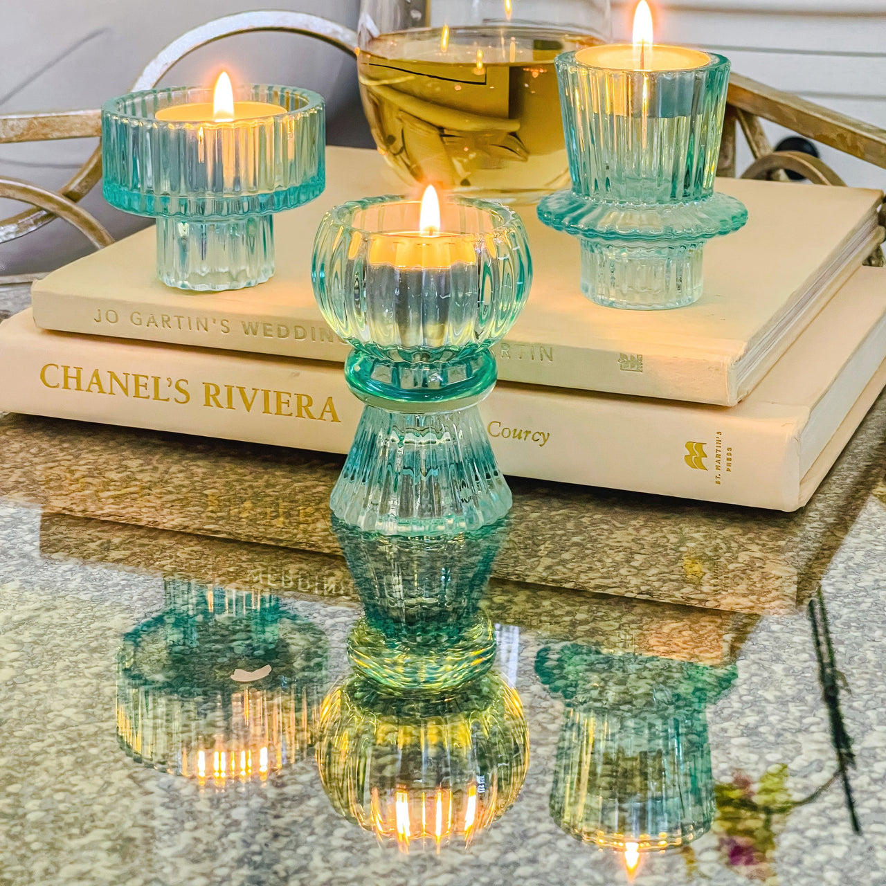 Vintage Ribbed Blue Glass Candle/Candlestick Holders Set of 6 - Assorted | Alternate Image 4 Kate Aspen | Tealight/Votive Holder