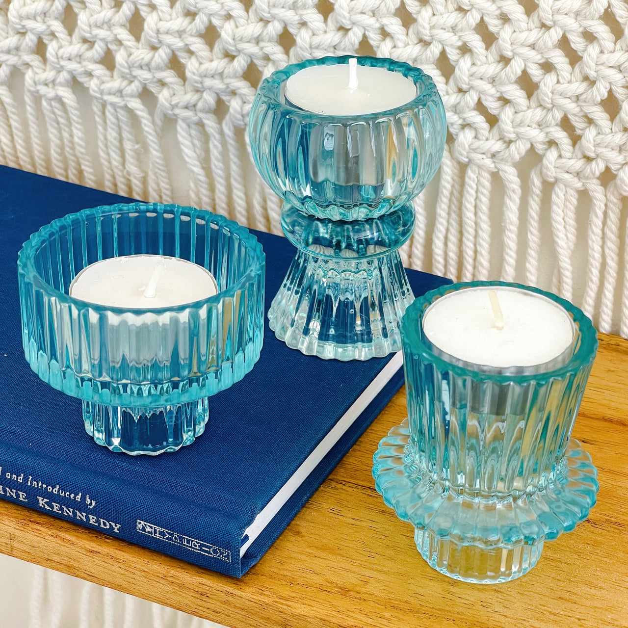 Blue Ribbed Glass Candle Holder - Bell Heather Interiors
