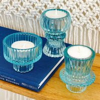 Thumbnail for Vintage Ribbed Blue Glass Candle/Candlestick Holders Set of 6 - Assorted | Alternate Image 7 Kate Aspen | Tealight/Votive Holder