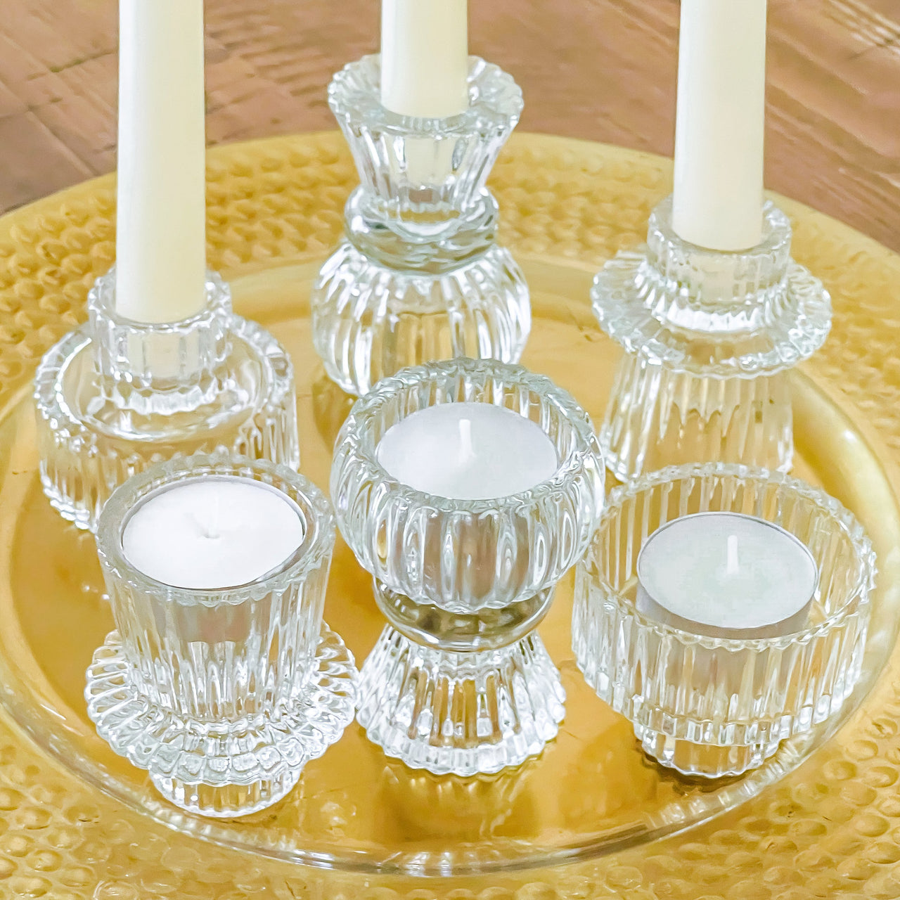 Vintage Ribbed Glass Clear Candle/Candlestick Holders Set of 6 - Assorted | Main Image, Kate Aspen | Tealight/Votive Holder