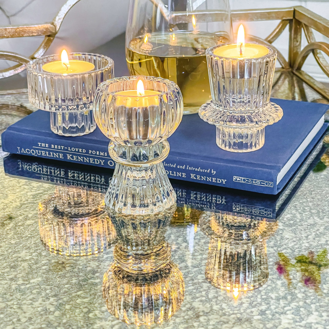 Vintage Ribbed Blue Glass Candle/Candlestick Holders Set of 6 - Assorted | Alternate Image 4 Kate Aspen | Tealight/Votive Holder