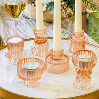 Vintage Ribbed Glass Rose Gold Candle/Candlestick Holders Set of 6 - Assorted | Main Image, Kate Aspen | Tealight/Votive Holder