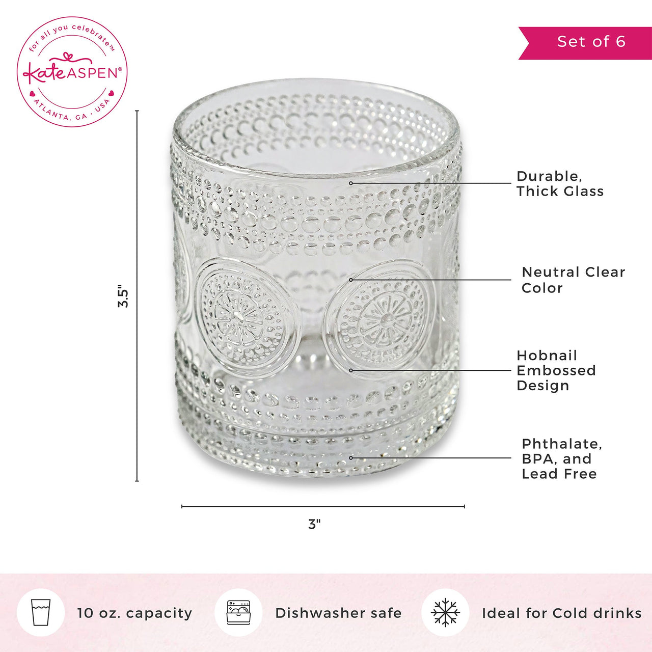 10 oz. Hobnail Beaded Floral Clear Drinking Glasses (Set of 6) Kate Aspen |  Alternate Image 6