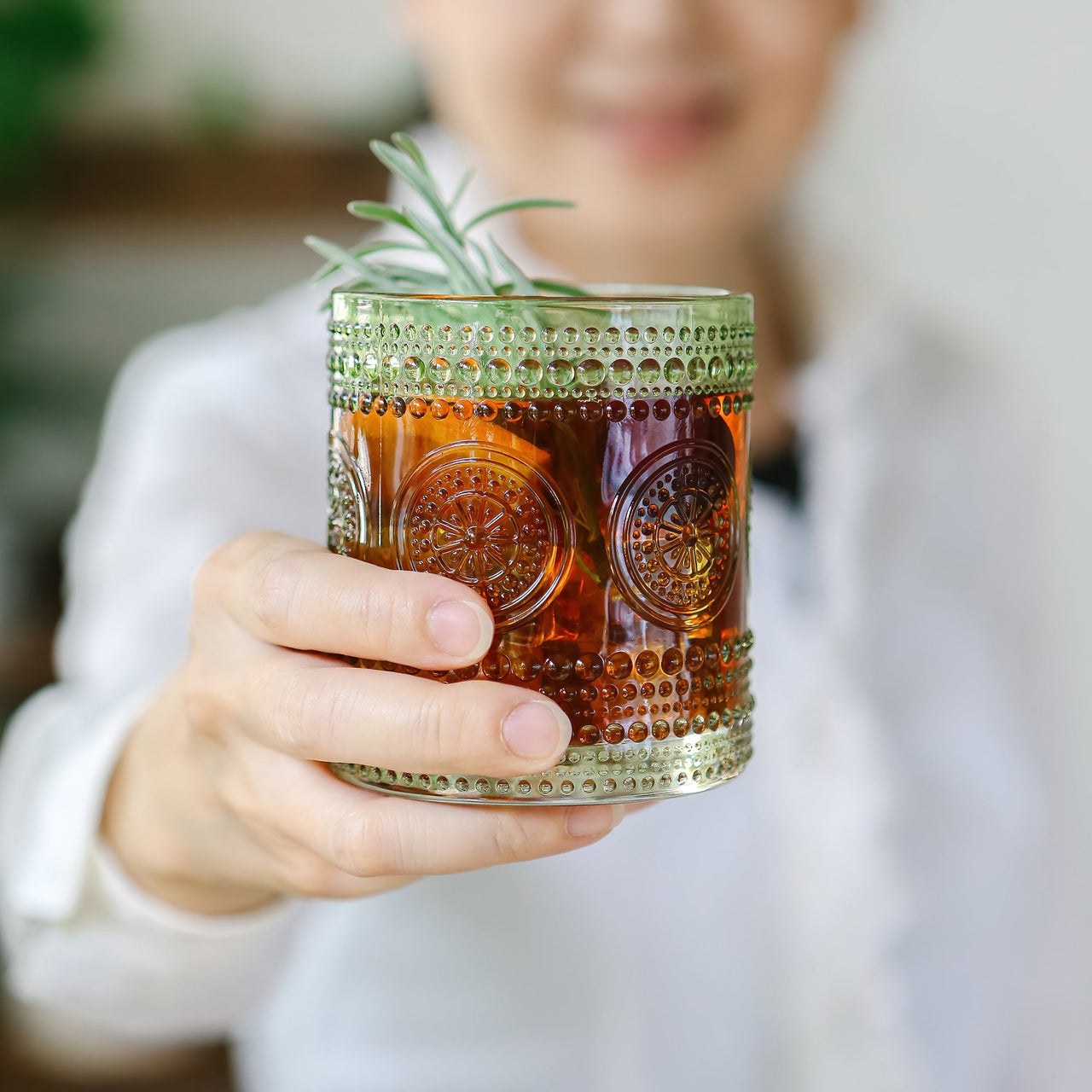 10 oz. Textured Beaded Sage Green Old Fashion Drinking Glasses (Set of 6)