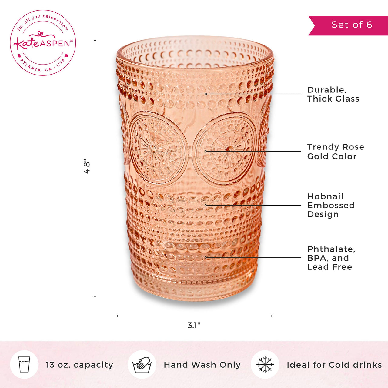 13 oz. Hobnail Beaded Floral Rose Gold Drinking Glasses (Set of 6) Kate Aspen |  Alternate Image 6