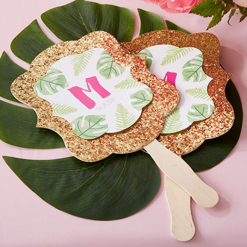 Personalized Gold Glitter Hand Fan - Pineapples & Palms