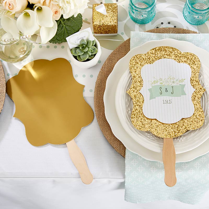 Personalized Gold Glitter Hand Fan - Rustic Wedding