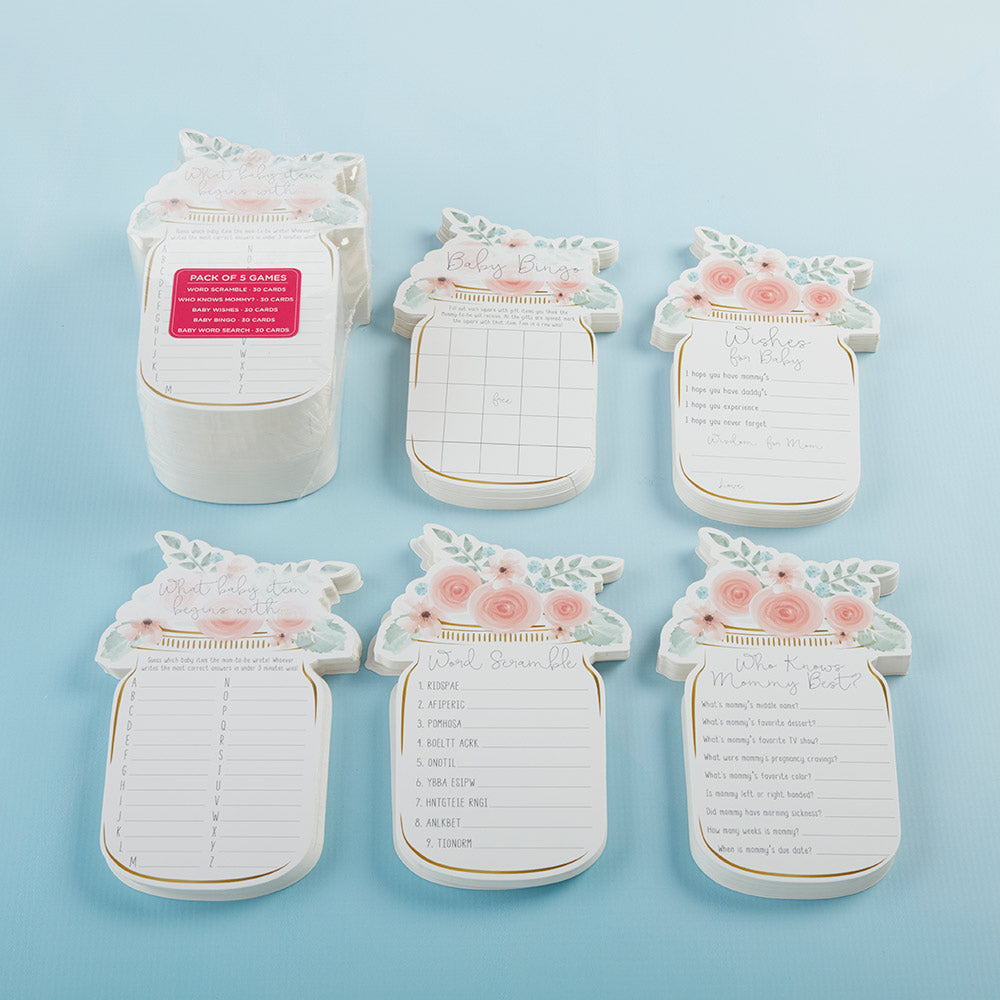 Floral Mason Jar Baby Shower 5-Pack Game Card Set (30 sheets each