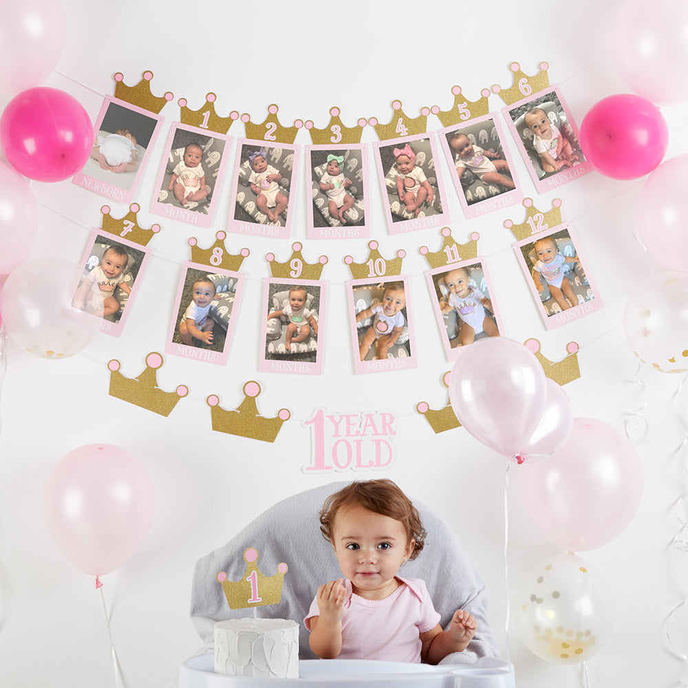 1st Birthday Milestone Photo Banner & Cake Topper - Princess Party