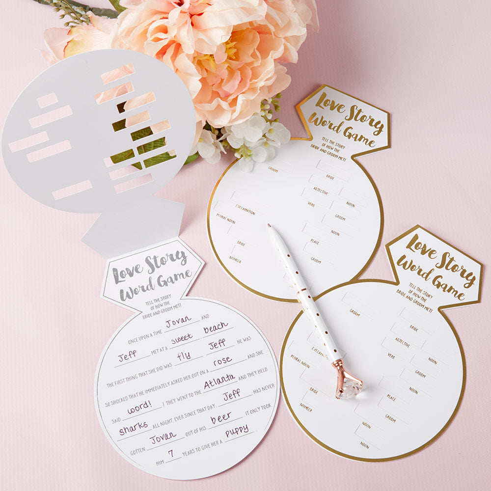 White Bridal Shower Game Card with Gold Foil - Ring Shape (Set of 30)