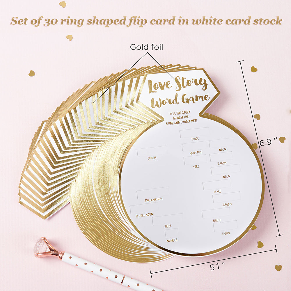 White Bridal Shower Game Card with Gold Foil - Ring Shape (Set of 30)