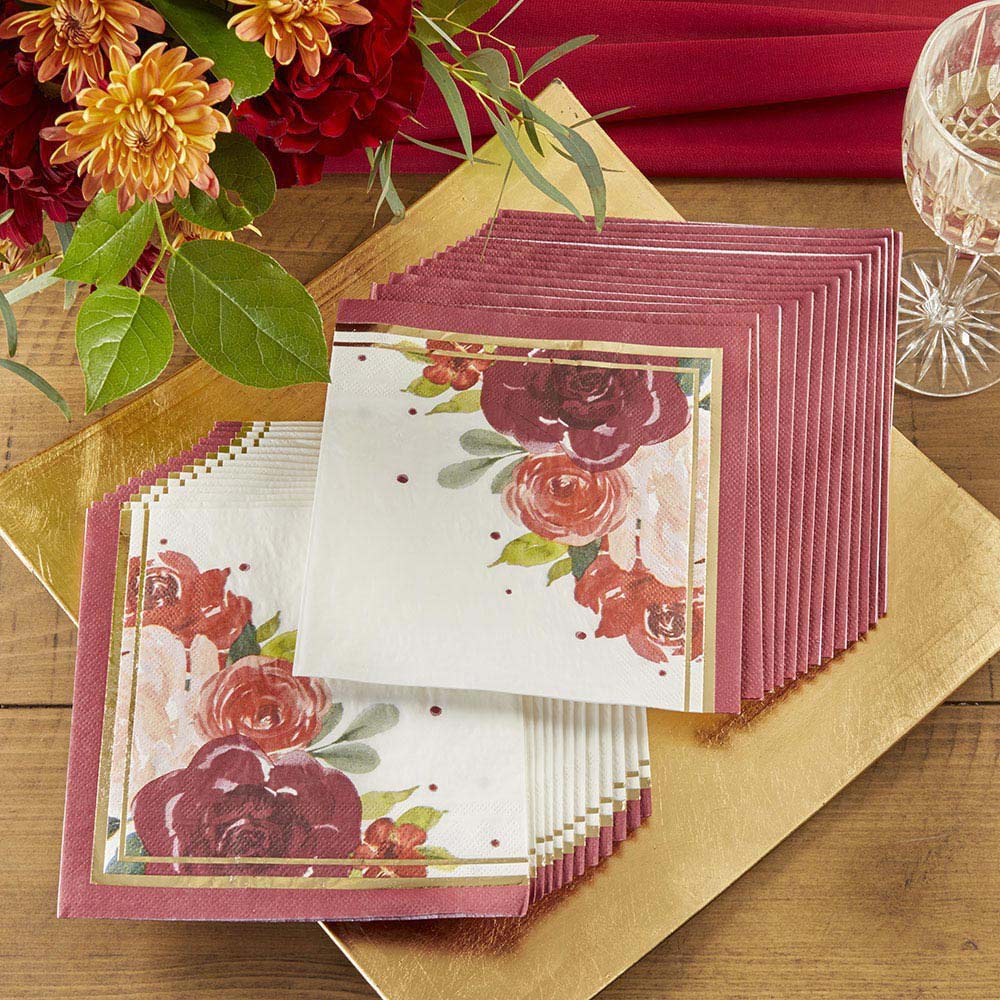 Burgundy Blush Floral 2 Ply Paper Napkins (Set of 30) Main Image, Kate Aspen | Reception Decor