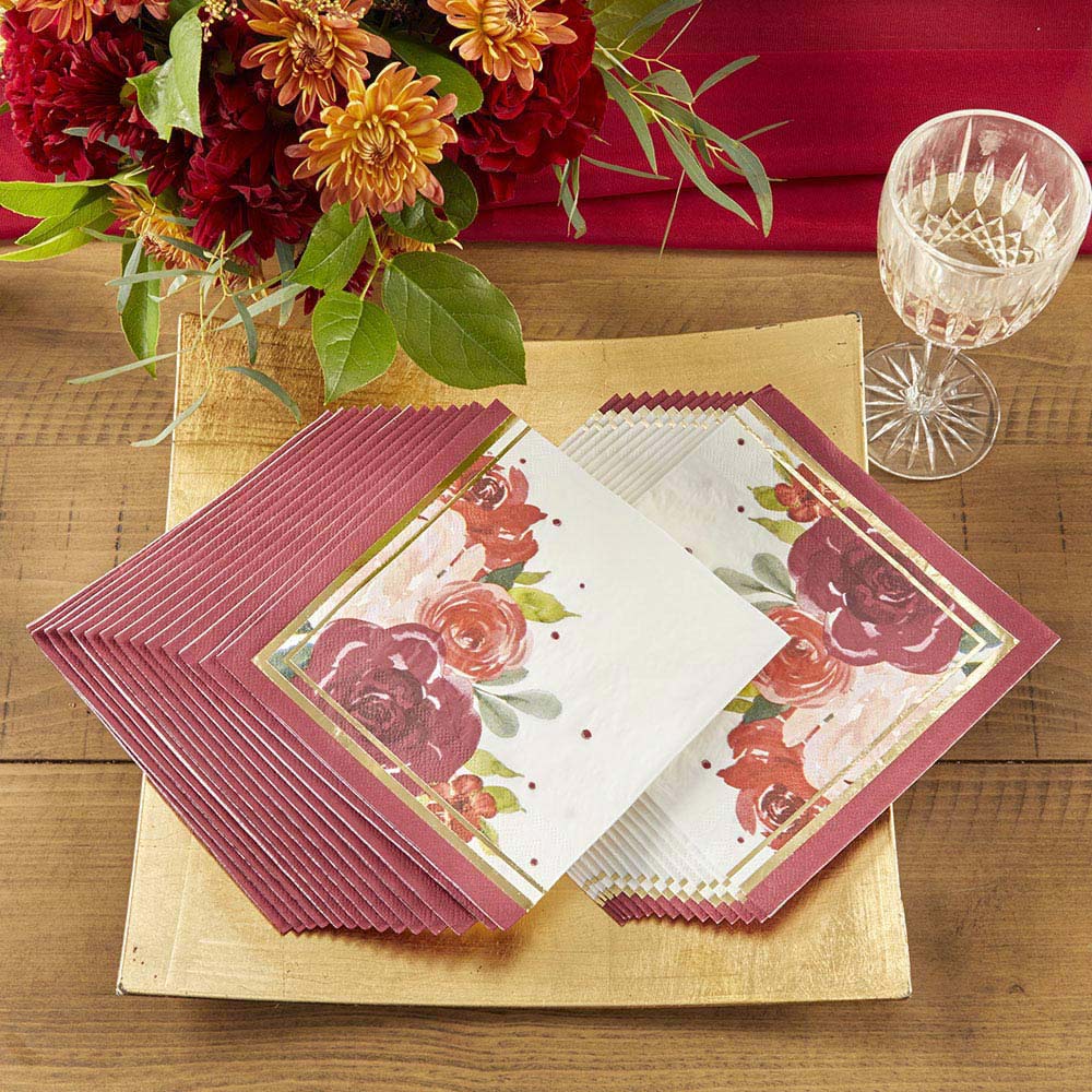 Burgundy Blush Floral 2 Ply Paper Napkins (Set of 30) Alternate Image 5, Kate Aspen | Reception Decor