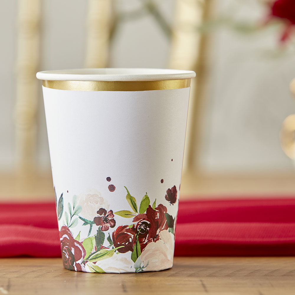 Burgundy Blush Floral 8 oz. Paper Cups (Set of 16)