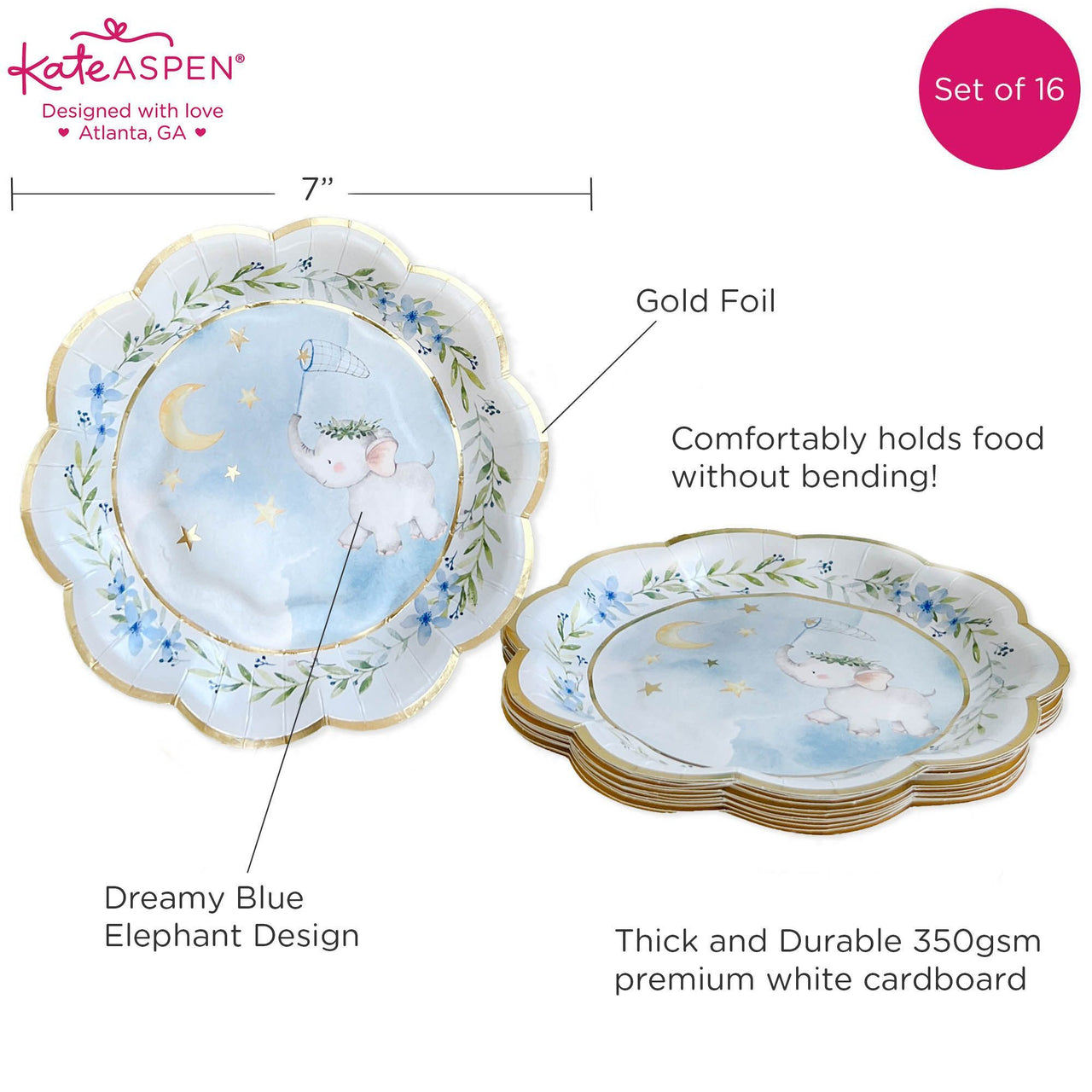 Elephant Baby Shower 62 Piece Party Tableware Set - Blue (16 Guests) Alternate Image 2, Kate Aspen | Tableware