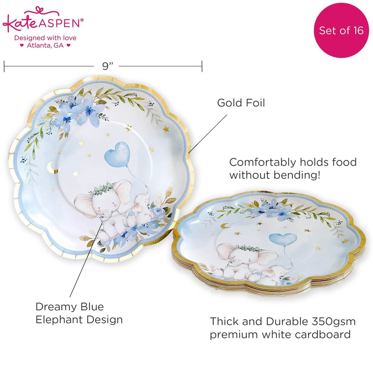Elephant Baby Shower 62 Piece Party Tableware Set - Blue (16 Guests) Alternate Image 3, Kate Aspen | Tableware
